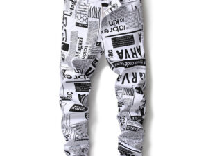 Men's thin white printed letters jeans
