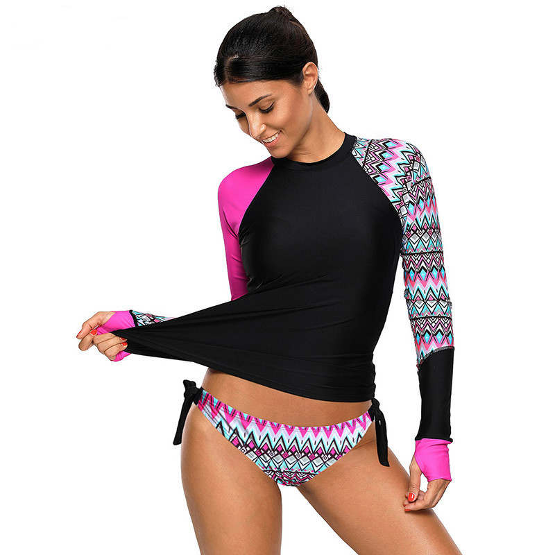 Swimwear Biking-Shirts Rashguard Surf-Top Long-Sleeve Women's Two-Piece Print Retro - Image 5