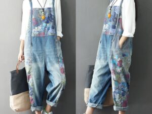 Women's Wide Leg Jeans Full Length Loose Denim Overalls Washed Print Ripped Hole Overalls