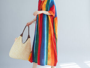 Literary Style Striped Print Short-sleeved Round Neck Swing Dress