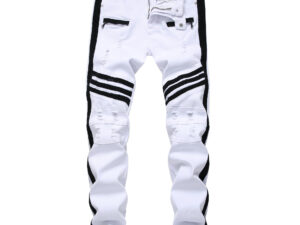 Zippered Stretch Torn Jeans With Black Hem