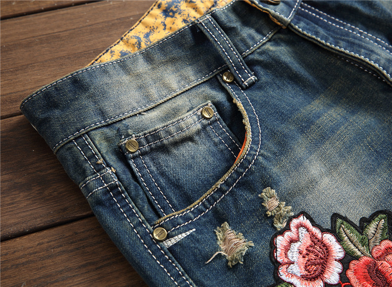Spring Punk Men's Embroidered Rose Denim Trousers Mid Waist Casual - Image 4