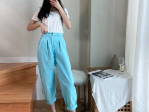 High Waist Washed Pleated Jeans Roll-up Radish Pants