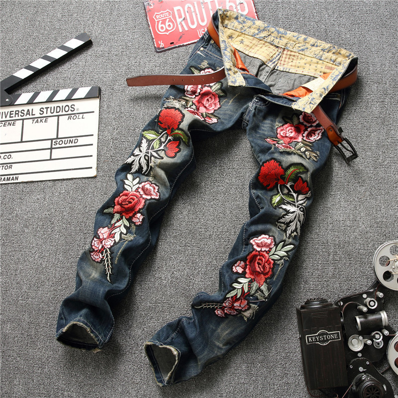 Spring Punk Men's Embroidered Rose Denim Trousers Mid Waist Casual - Image 8
