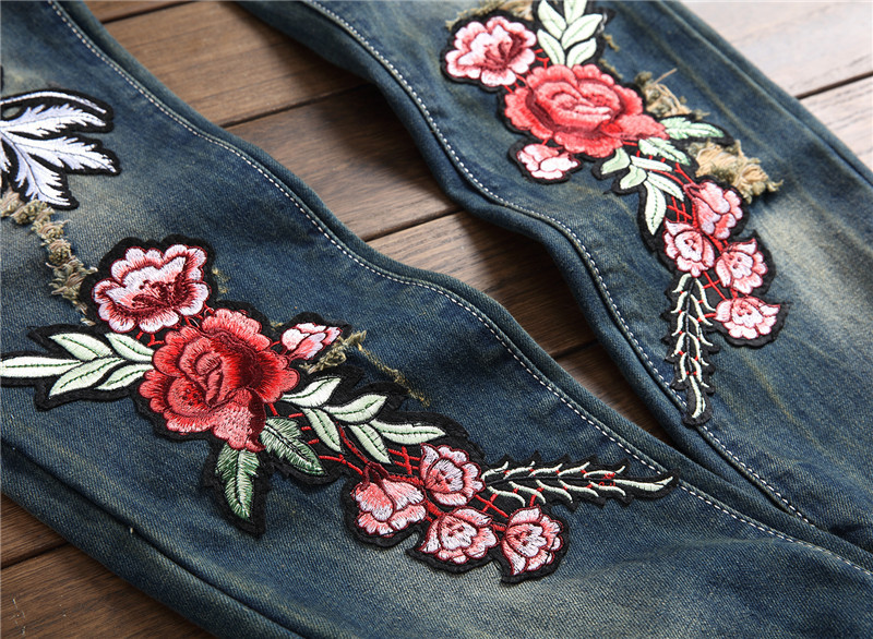 Spring Punk Men's Embroidered Rose Denim Trousers Mid Waist Casual - Image 7