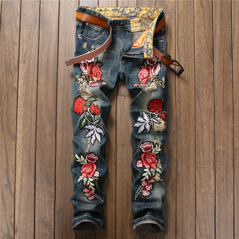 Spring Punk Men's Embroidered Rose Denim Trousers Mid Waist Casual - Image 3