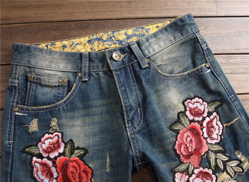 Spring Punk Men's Embroidered Rose Denim Trousers Mid Waist Casual - Image 5