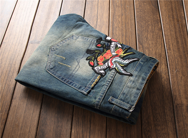 Spring Punk Men's Embroidered Rose Denim Trousers Mid Waist Casual - Image 6