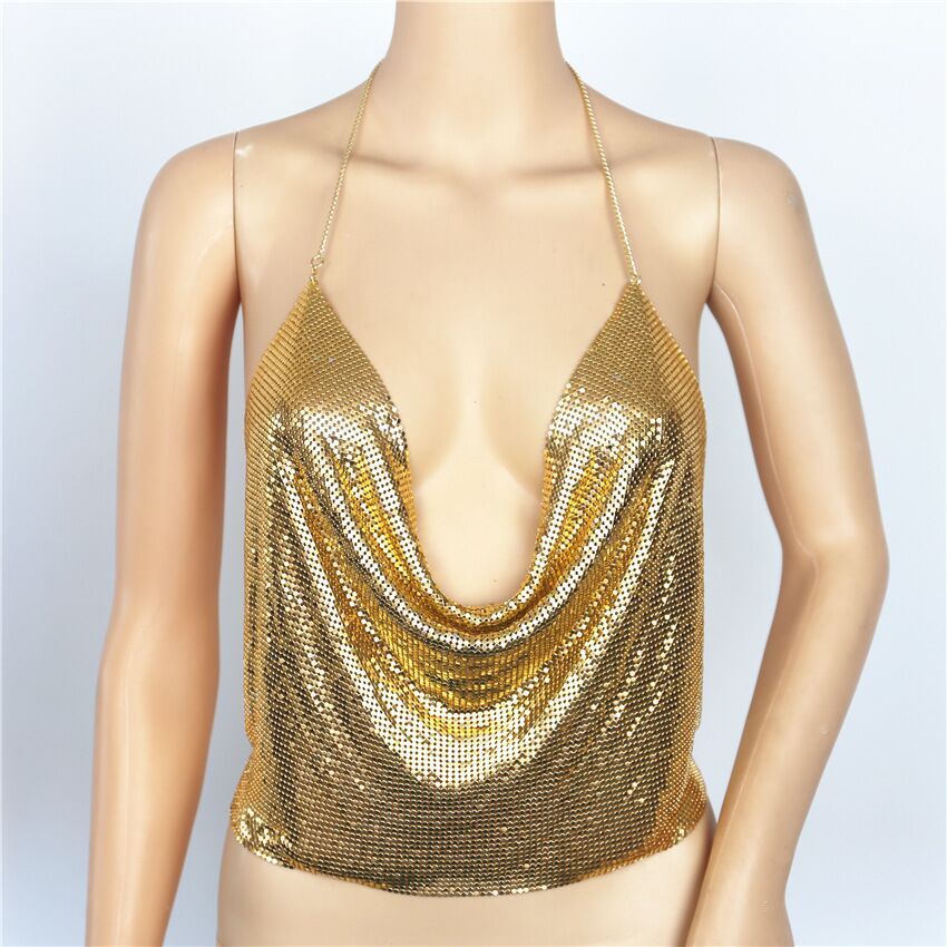 Low-cut, open-back, sequined, chain sling - Image 10