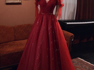 Female Wine Red Banquet Temperament Dress
