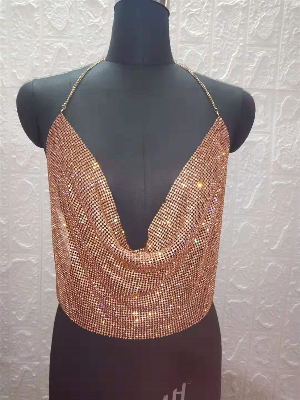 Low-cut, open-back, sequined, chain sling - Image 9