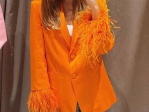 Detachable Feather Long Sleeve Satin Suit