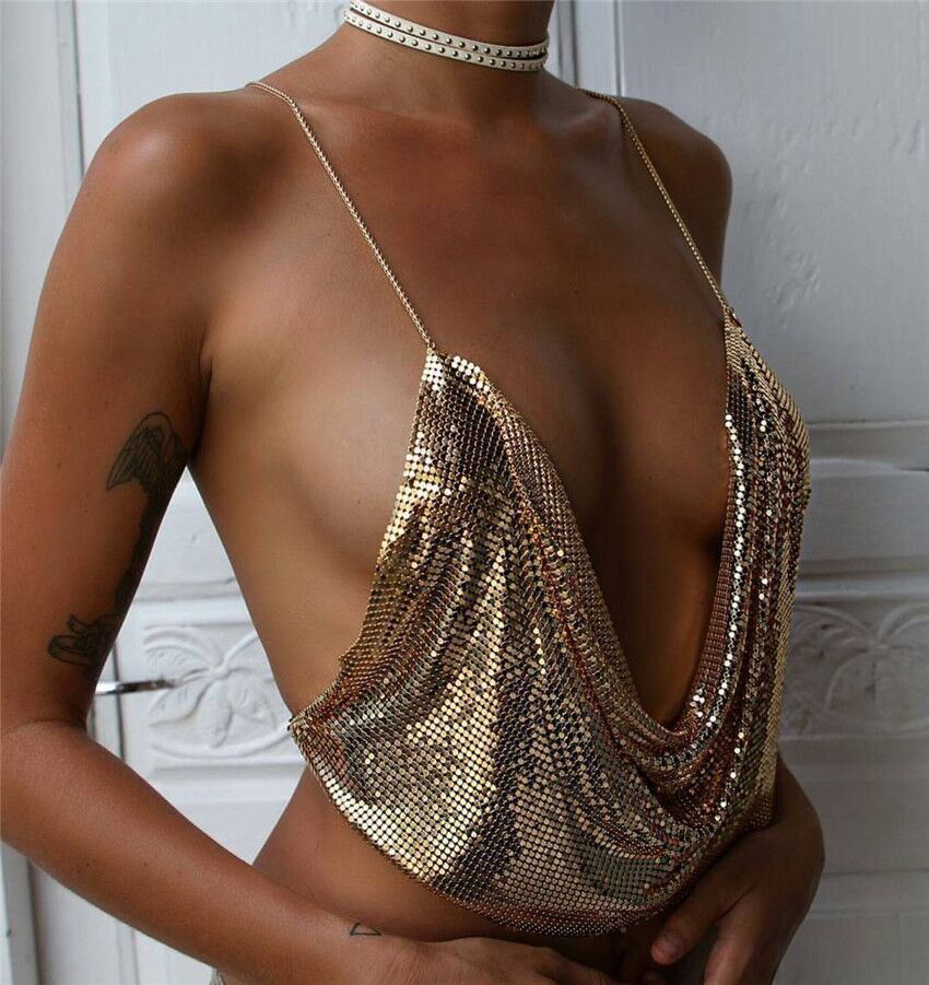 Low-cut, open-back, sequined, chain sling - Image 2