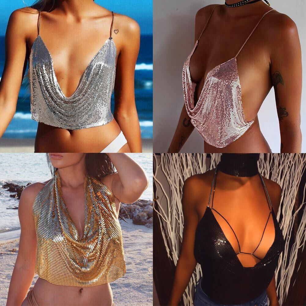 Low-cut, open-back, sequined, chain sling - Image 5