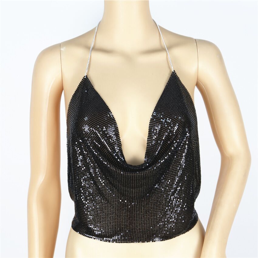 Low-cut, open-back, sequined, chain sling - Image 7