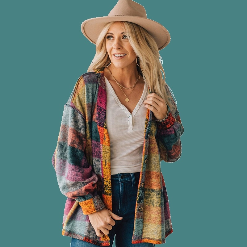 Female Multicolor Plaid Loose Jacket - Image 8