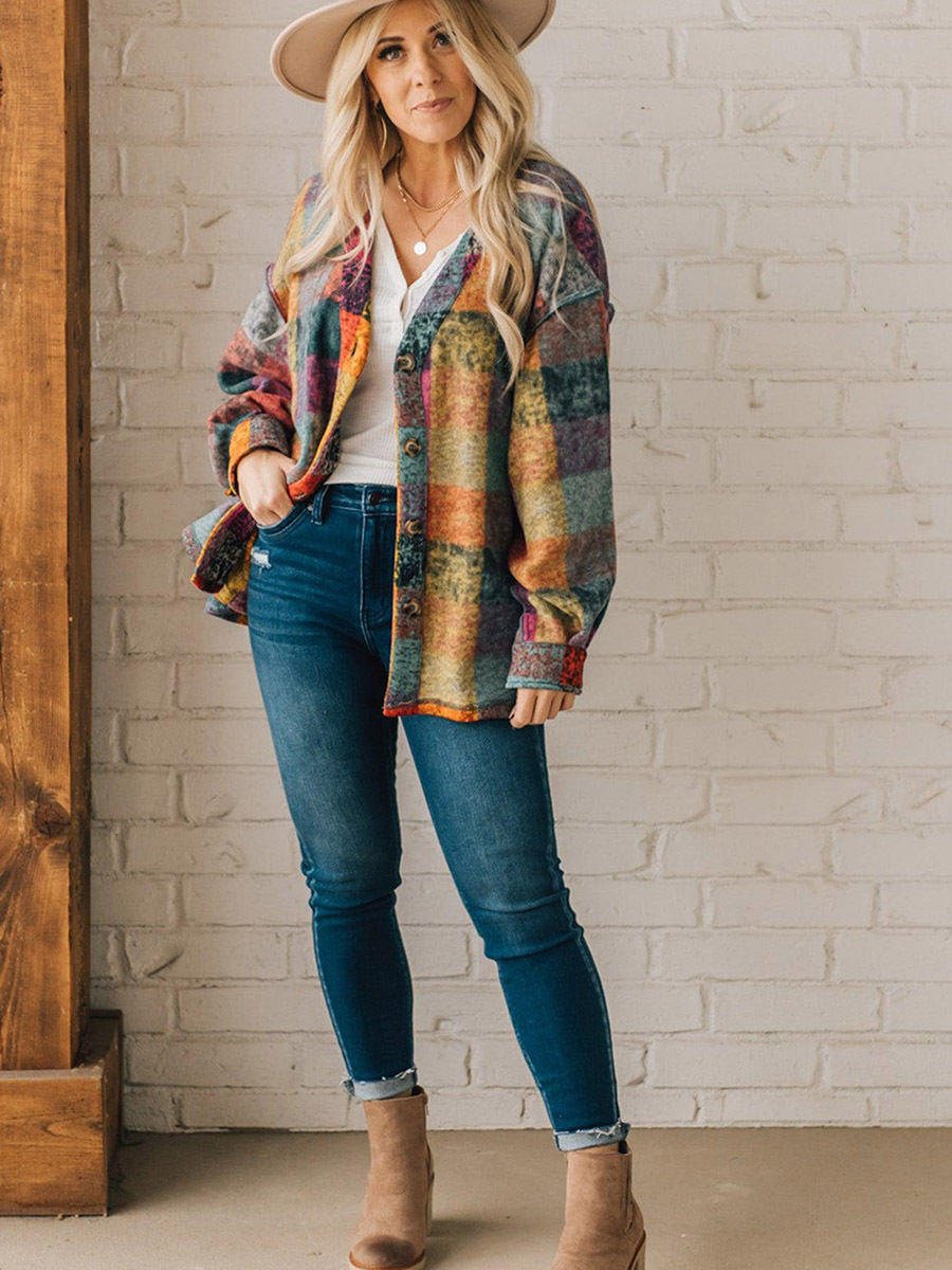 Female Multicolor Plaid Loose Jacket - Image 10